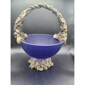 Cobalt Blue Glass Basket Silver Pedestal Grapes Vines